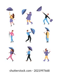Personajes de los paraguas. Raincover une a la gente caminando con paraguas lluviosos charcos vectores de imágenes planos de pueblos estilizados
