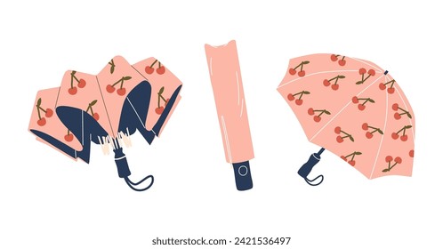 Umbrella With Cherry Berry Print. Portable Devices Designed To Shield From Rain Or Sunlight. Compact And Versatile