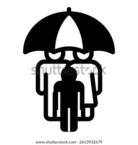 Umbrella with child family solid icon, family psychology concept. Vector graphics. Human group and parasol, safety sign on white background, glyph style mobile or design