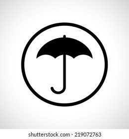 Umbrella in a circle. Black flat icon with shadow. Safety, protection, rain, autumn season concept.