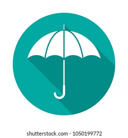 Umbrella circle icon with long shadow. Flat design style. Umbrella simple silhouette. Modern, minimalist, round icon in stylish colors. Web site page and mobile app design vector element.