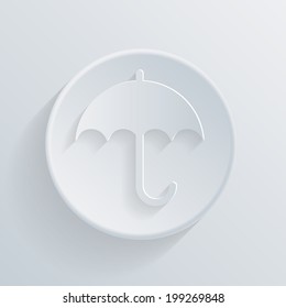 umbrella. circle white paper icon with a long shadow.