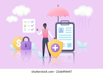Umbrella, claim document and tiny employee holding medical shield to protect health life from accidents infographic 3d vector illustration. Warranty, insurance medicine and protection service concept svg