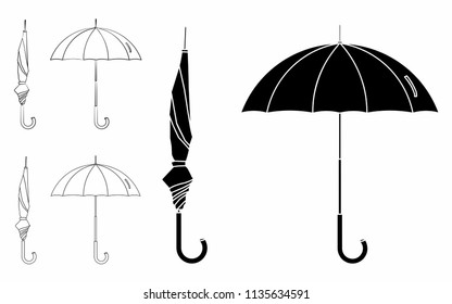 Umbrella closed and open. Outline only. Black fill.