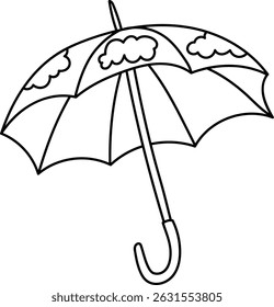 Um guarda-chuva com padrões de nuvens desenhados em um estilo de linha limpo. O design apresenta uma forma de guarda-chuva clássico adornado com motivos de nuvem. Ilustração de vetor de desenhos animados.