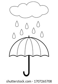 Umbrella And Cloud With Rain. Coloring Book Page For Children. Vector Illustration Isolated On White Background.