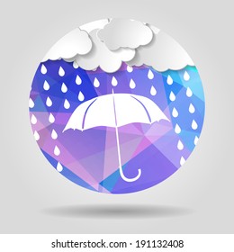 umbrella with clouds and rain drops on the Abstract geometric circular shape with triangular faces for graphic design