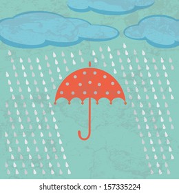 Umbrella clouds and rain drops. Weather concept in retro style.