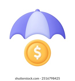 Umbrella and coin with dollar sign. Business and finance insurance, protection, security concept. 3d vector icon. Cartoon minimal style.