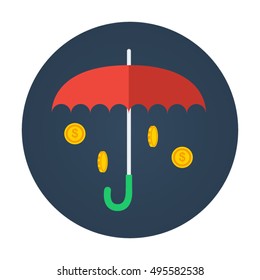 Umbrella Coins Fllat Vector Icon That Describe Concept Such As Savings, Financial Management, Guarantee, Stability, For Your Personal Or Commercial Project