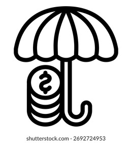 Schirm mit Münzen Stack-Linie Symbol, finanzielle Tech-Konzept. Vektorgrafiken. Währungsmünzen mit Sonnenschirm, Geldsparzeichen auf weißem Hintergrund, Umrissstil-Symbol für Mobil- oder Webdesign
