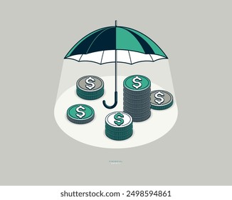 Umbrella with coins stack vector conceptual poster, financial safety concept, simple icon style illustration of a parasol with money, financial protection metaphor.