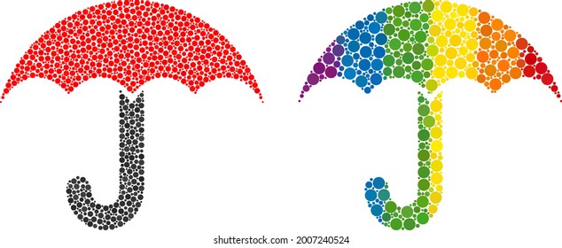 Umbrella collage icon of spheric dots in different sizes and rainbow color tints. A dotted LGBT-colored umbrella for lesbians, gays, bisexuals, and transgenders.