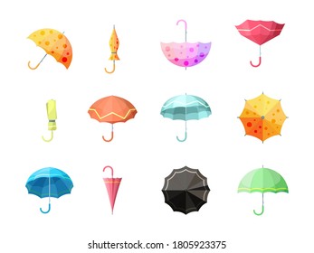 Umbrella. Collection of autumn protection flexibility umbrellas rain symbols vector set