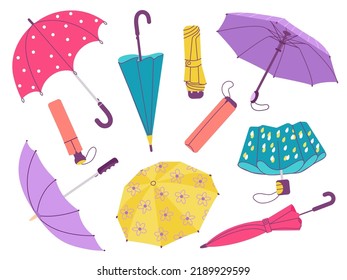 Umbrella collection. Open folded umbrellas with decor, vintage rainy weather accessories, cute season tools. Cartoon autumn decent vector fashion elements