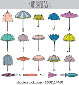 Umbrella Colored Illustration, beach parasol, cat, frog kids rain umbrella, ruffle summer, autumn season, meteorology, rainy day, broken, open, closed, stripped, spring shower, freehand, Pastel color