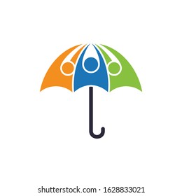 umbrella with colorful people vector logo icon, human protection and care, insurance icon, law advocacy, abstract object logo template