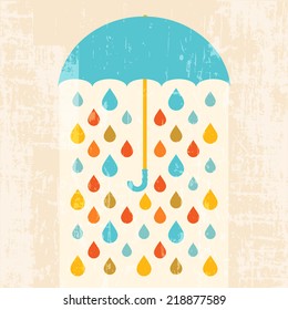 Umbrella and colorful raindrops retro background