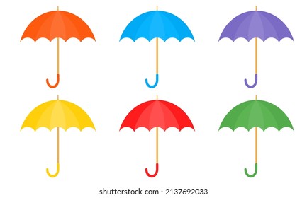 Umbrella colorful set in cartoon style on white background. Collection with open colored umbrella. Rainy season. 