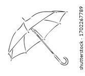 Umbrella coloring, linear drawing, outline, vector sketch, icon, monochrome, contour illustration. Black and white open umbrella