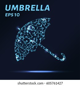 The umbrella consists of points, lines and triangles. The polygon shape in the form of an umbrella awards on a dark background. Vector illustration