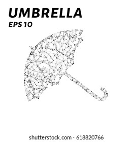 The umbrella consists of points, lines and triangles. The polygon shape in the form of an umbrella awards on a dark background. Vector illustration