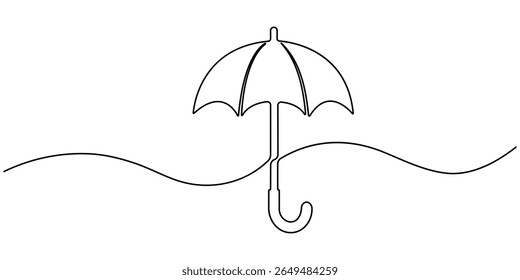 Umbrella Continuous Line Icon, Continuous one line drawing of opened umbrella. Single line drawing illustration of umbrella protection for rain and uv. Summer holiday concept vector art. Doodle line