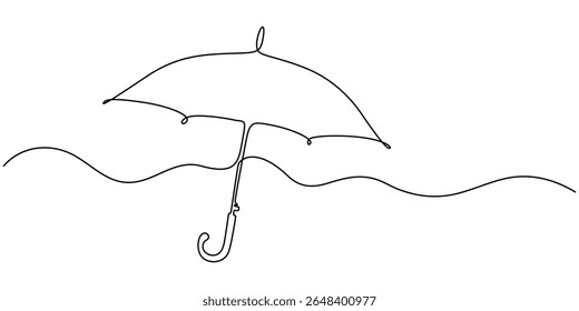 umbrella continuous one line drawing, Continuous one line drawing of opened umbrella. Single line drawing illustration of umbrella protection for rain and uv. Summer holiday concept vector art.