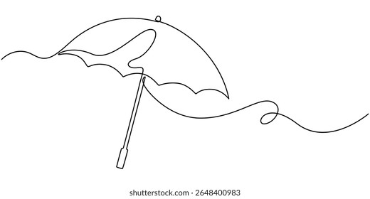 umbrella continuous one line drawing, Continuous one line drawing of opened umbrella. Single line drawing illustration of umbrella protection for rain and uv. Summer holiday concept vector art.