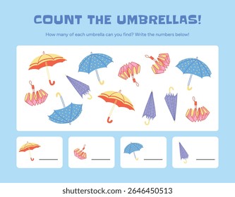 Umbrella counting game for kids with folded and open Yellow Blue Red Pink umbrellas. Educational worksheet to count each type and write numbers. Flat vector illustration for children activity