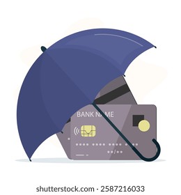 Umbrella cover credit cards. Secured banking, financial insurance, e-commerce. Deposit, savings protection, financial risk and safety. Plastic card under protection. flat vector illustration