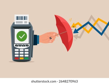 Umbrella to cover and protect from downturn arrow. Protect the Dataphone electronic payment system. Fight against the virus. Flat vector illustration