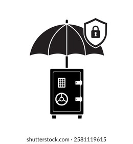 Umbrella cover safe with shield icon. Monochrome design isolated on white background. Insurance concept. Steel strongbox under protection. Security, safety, protect. flat vector illustration