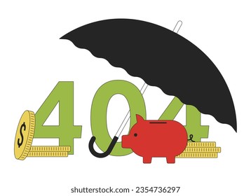 Umbrella cover savings error 404 flash message. Protect finances from risks. Empty state ui design. Page not found popup cartoon image. Vector flat illustration concept on white background