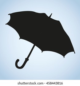 Umbrella coverage isolated on white background. Dark ink hand drawn picture sketchy in art retro style. Closeup view with space for text on grey cloudy sky