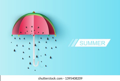 Umbrella Cute of watermelon rain seeds on blue background. Creative paper cut and craft about Lovely day.Festive greeting for poster Valentine's Day for.Holiday summer card concept vector illustration