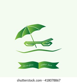 Umbrella with deck chair, beach vector icon