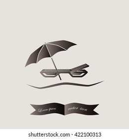 Umbrella with deck chair, beach vector icon