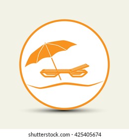 Umbrella with deck chair, beach vector icon