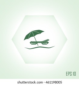 Umbrella with deck chair, beach vector icon