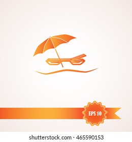 Umbrella with deck chair, beach vector icon