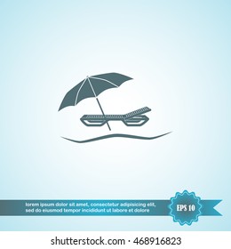 Umbrella with deck chair, beach vector icon