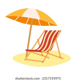 Umbrella and deck chair on the beach. Vector illustration