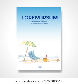 Umbrella and deckchair on beach. Drawing done with pen. Retro vector summer background and illustration. Abstract design template for brochures, flyers, magazine, business card, book covers, poster. 