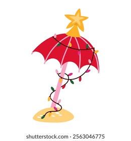 The umbrella is decorated with a garland and a star. Beach Christmas party. An isolated item for a tropical new year. Merry Christmas and Happy New Year on the background of a warm climate design.