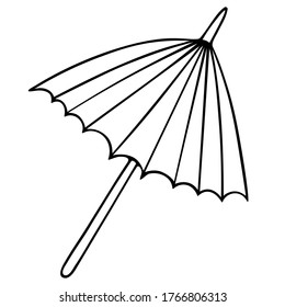 Umbrella. Decoration for a cocktail. Vector illustration. Outline on an isolated white background. Doodle style. Sketch. Protection against sunburn and rain. Vacation mood. East ornament. Alcohol.