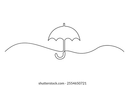 Umbrella depicted in continuous line drawing, continuous line drawing of an umbrella on a white background. Minimalistic vector flat icon, continuous line drawing of an umbrella on a white background.