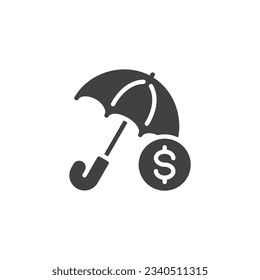 Umbrella and dollar coin vector icon. Safe money filled flat sign for mobile concept and web design. Financial insurance glyph icon. Symbol, logo illustration. Vector graphics