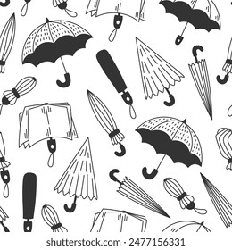 Umbrella Doodle Seamless Pattern. Cartoon line background with falling various types of folding water protection accessories. Black and white hand drawn vector illustration.