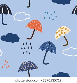 Umbrella doodle seamless pattern. Childish design for background, wallpaper, wrapping paper, fabric, etc